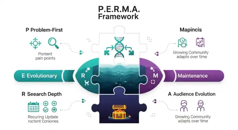PERMA Framework Diagram: Problem-First, Evolutionary, Search, Maintenance, Audience Evolution.